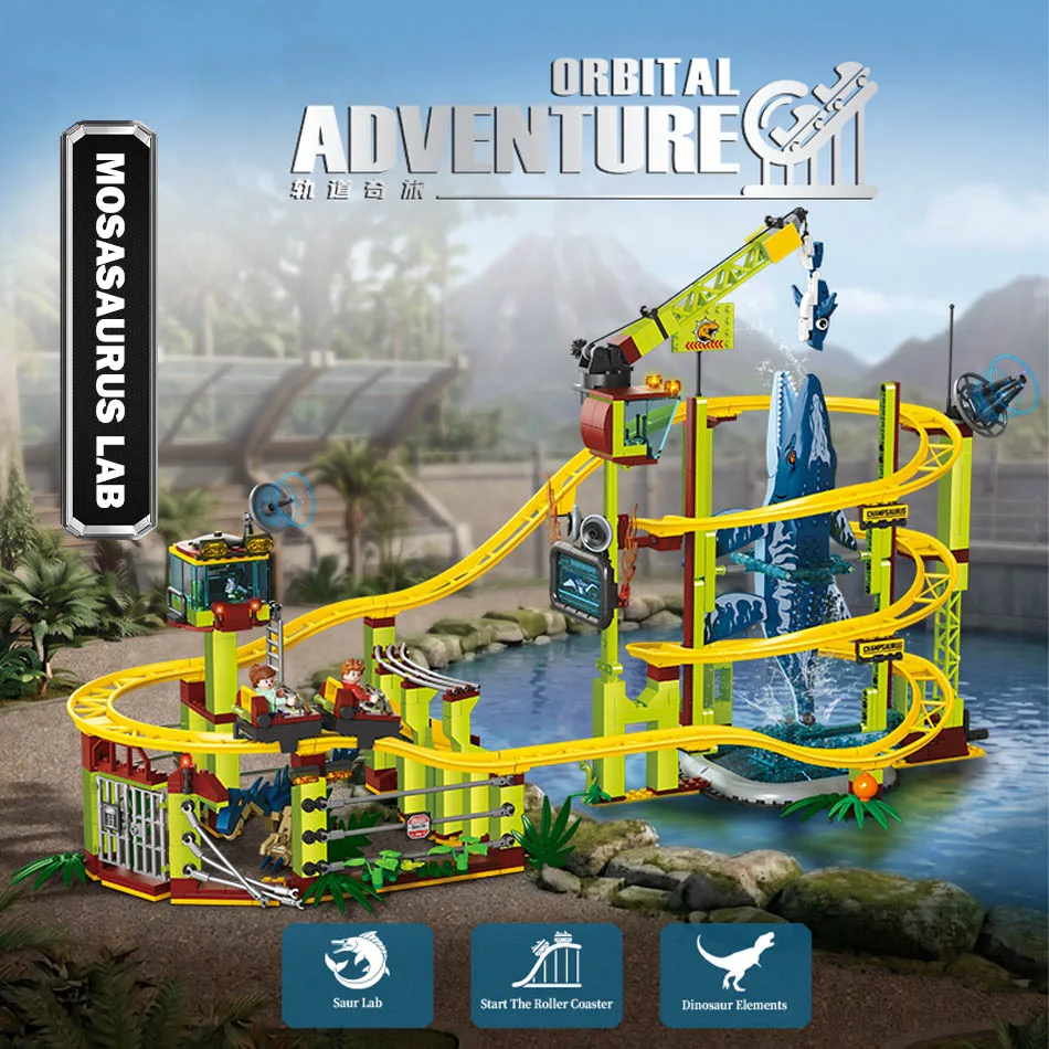 1061 PCS Orbital Adventure Mosasaurus Lab Roller Coaster Building Blocks Dinosaur Railway Park Model Assembly Bricks Toys Gifts