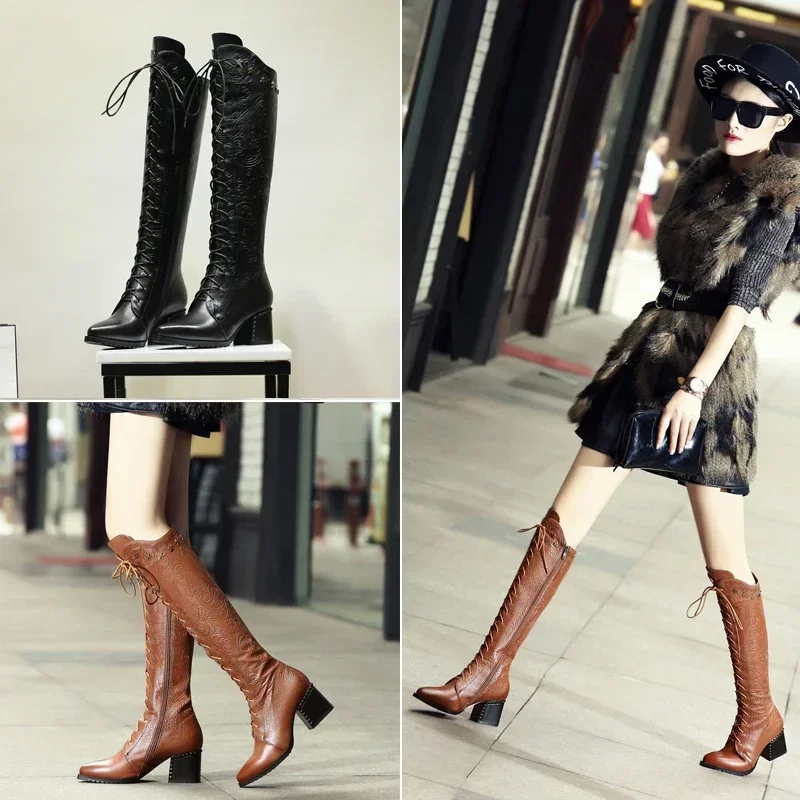 Knee High Boots Women 2024 Cow Genuine Leather Pointed Toe High Heel ZIP Laces Punk Casual Warm Long Boots Shoes Winter Size 42