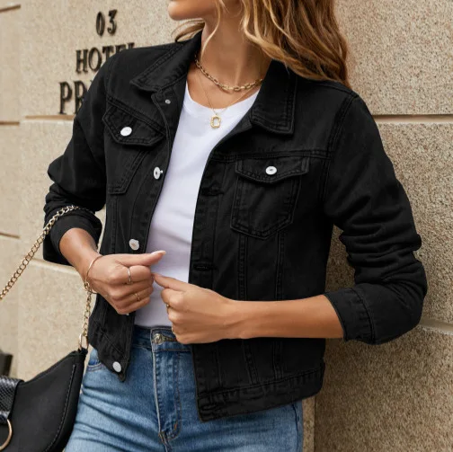 Women's Denim Jackets Fashion Female Casual Long Sleeve Lapel Solid Button Down Chest Pocket Slim Jean Jacket Fall Winter Coat
