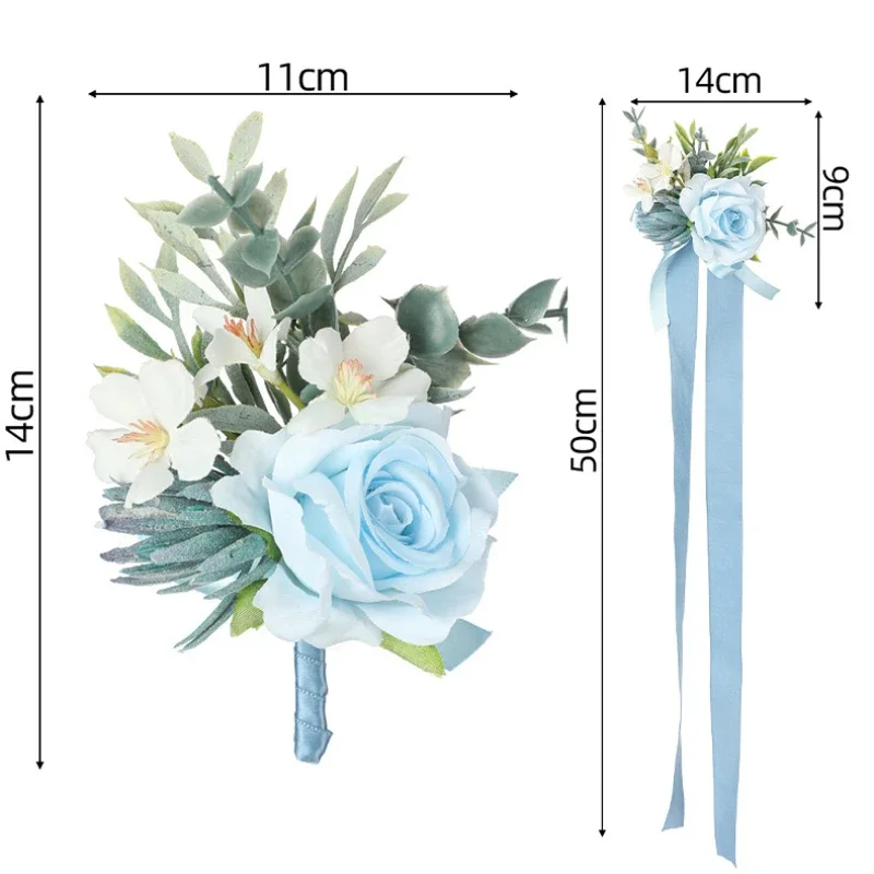 Blaue Lotus-Rosen-Corsage und Boutonniere, Abschlussball, künstliche Blume, Handgelenk-Corsage, Armbänder, Heimkehr-Corsage-Armband, Boutonniere