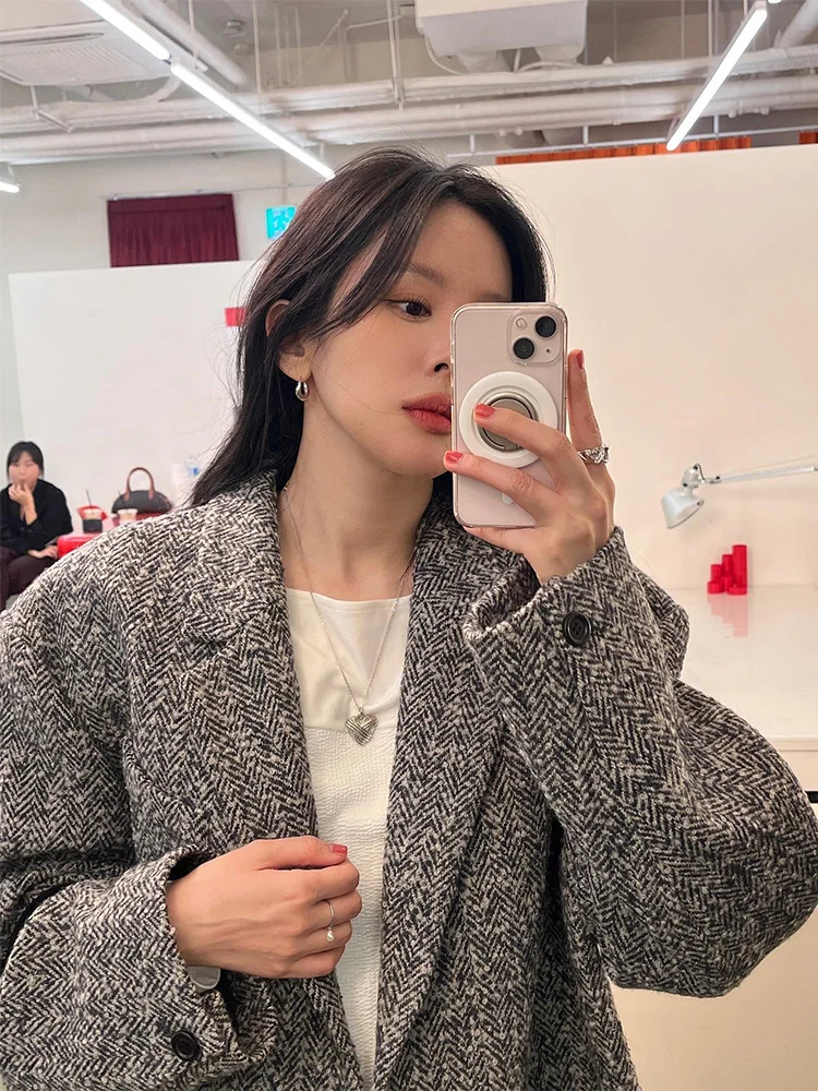 

Amomento повседневный шерстяной костюм Jaet женская свободная твидовая верхняя одежда осень-зима для поездок на работу на пуговицах дизайн Long Sve