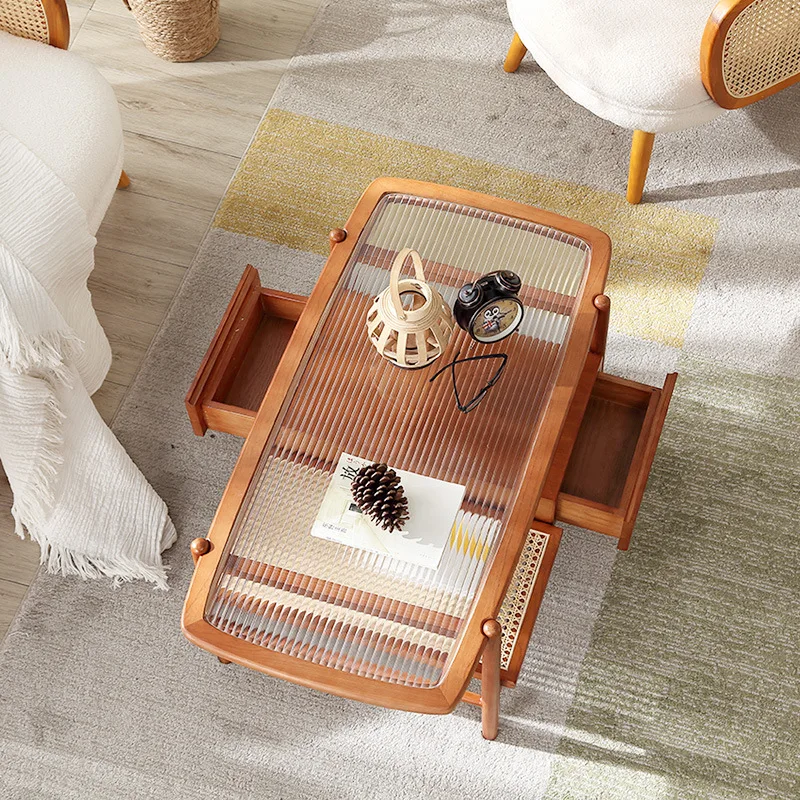 สไตล์ญี่ปุ่นโต๊ะกาแฟไม้เนื้อแข็งหวายสองชั้นอพาร์ทเมนต์ขนาดเล็ก Changhong โต๊ะน้ําชาแก้วห้องนั่งเล่นที่ทันสมัย househol