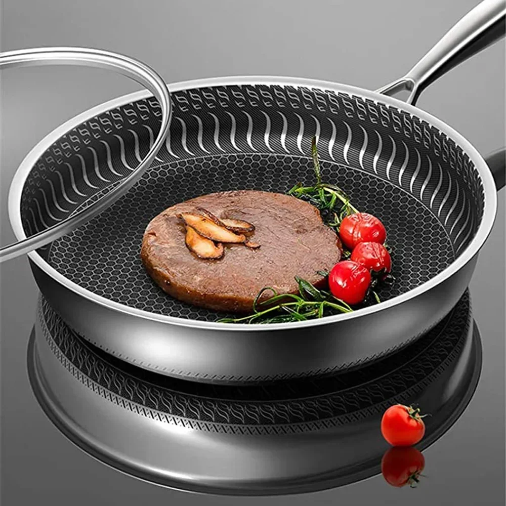 26CM Pan with Lid 316 Stainless Steel Frying Pans Non-stick Uncoated Wok Pan Double-sided Honeycomb Skillet