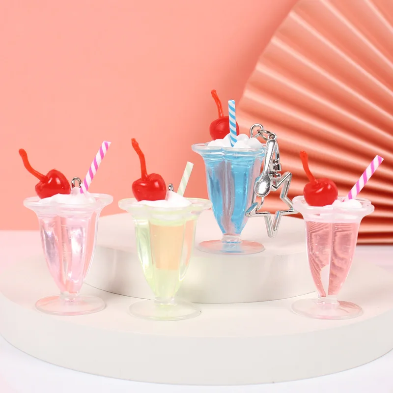 New Cherry Sundae Ice Cream Cup Keychain for Women Simulated Food Fruit Cake Cup Key Ring Phone Case Pendant Friends Gifts
