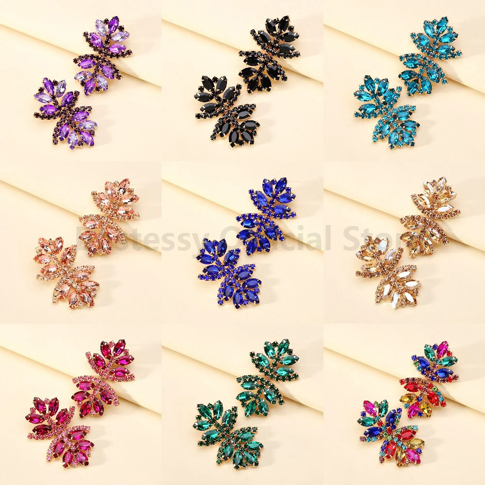 Multicolour Glass Leaf Decor Drop Earrings For Women Luxury Designer Crystal Elegant Vintage Jewelry Girl Accessories Party Gift