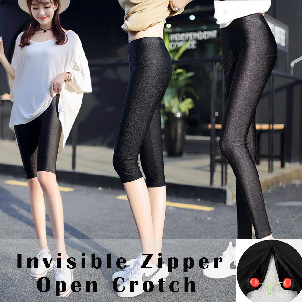 

Invisible Zipper Open Crotch Summer Glossy High Elastic Shiny Sexy Leggings Women's Pants Tight Trousers Bottoms