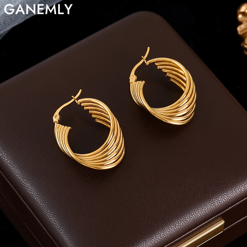 GANEMLY 316L Stainless Steel Gold Color Irregularly Hoop Earrings For Women Fashion Ear Buckle Waterproof Jewelry Party Gift