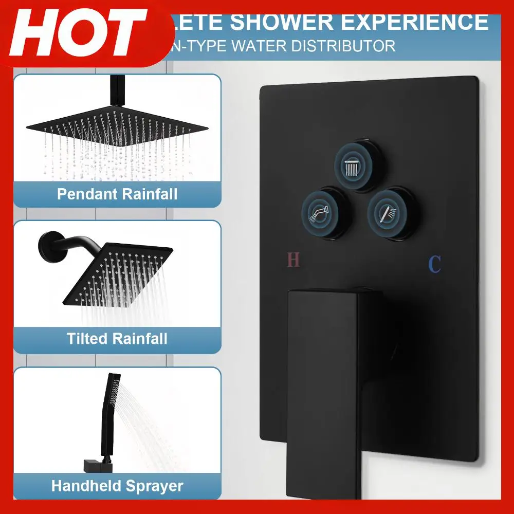Shower System Set W/ 12in Ceiling Mount 6in Wall Mount Showers Head Push Button Diverter with 2 in 1 Handheld for Bathroom Hotel