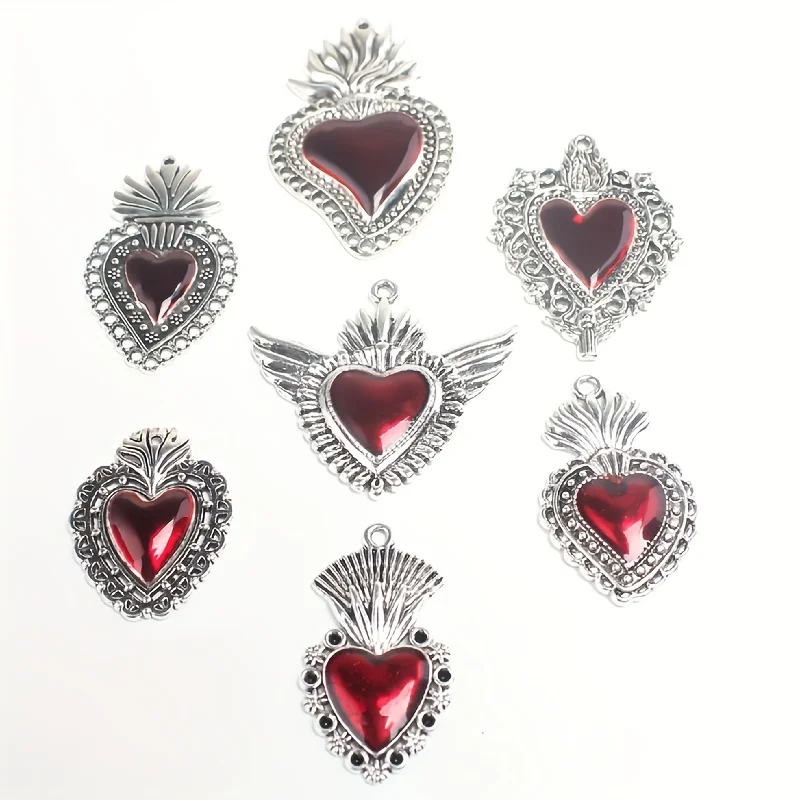 7pcs Mixed Silver Plated Enamel New Gothic Style Sacred Heart Alloy Pendant DIY Charms Earrings Necklace Jewelry Crafts Making
