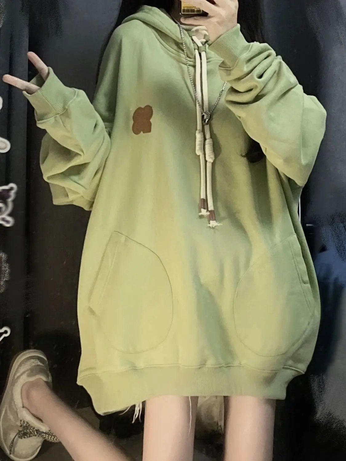 2024 New Green Hooded Hoodie Women\'s Ins American Retro Loose Versatile Oversize Student Coat Trendy Women\'s Clothing