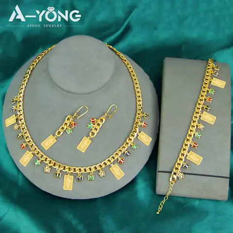 Nigeria Bridal Wedding Jewelry Set 24k Gold Plated Dubai Italian Colored Zirconia Butterfly Necklace Arabic Fashion Jewelrys