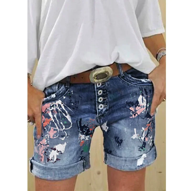 

Women Denim Shorts Summer Elastic Single-breasted Print Casual Female New Fashion Street Sweet Skinny Jeans Pants