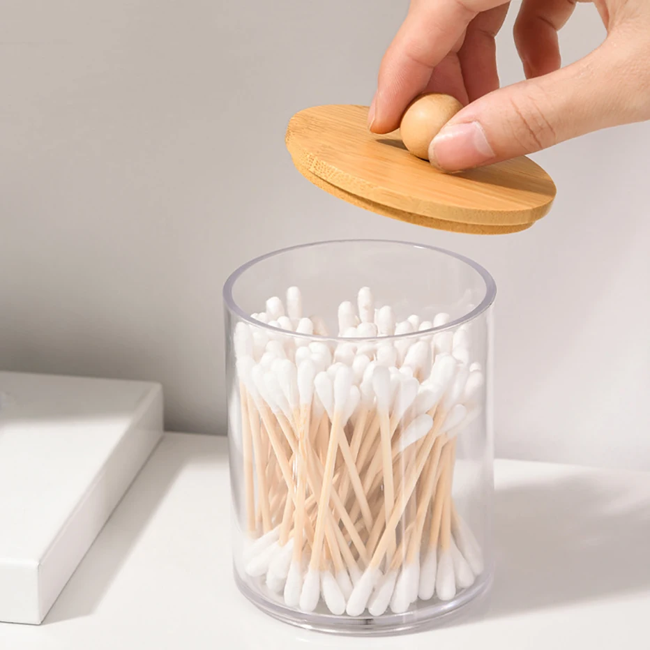 1/3pcs Qtip Holder Dispenser with Bamboo Lid Clear Black Cotton Ball Swab Cotton Round Pads Bathroom Apothecarey Jar Set