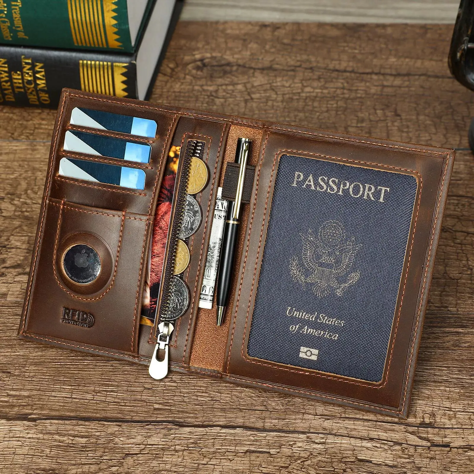 Genuine Cow Leather Passport Holder Travel Wallet with Airtag Case Anti-lost Pocket Pen Card Holder RFID Blocking Passport Cover