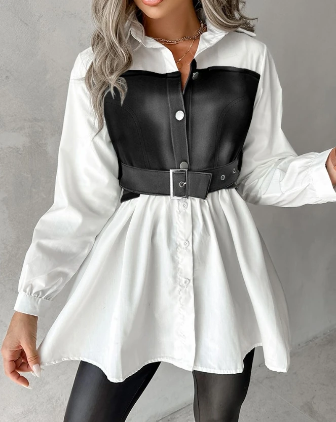 

Elegant Womens Dress Autumn Spring Casual Pu Leather Patchwork Belted Buttoned Top Dresses for Women 2023 Streetwear