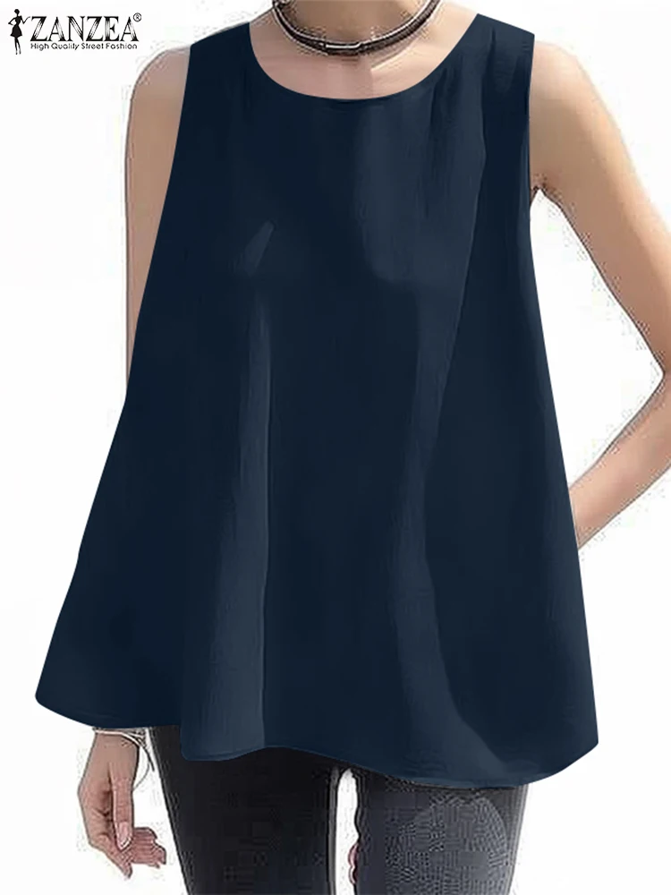 

ZANZEA, повседневные мешковатые майки трапециевидной формы, лето 2022, свободные топы на бретелях, женский корейский жилет без рукавов, праздничные однотонные майки с круглым вырезом, большие размеры