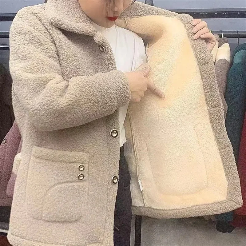 2022 New Winter Jacket Plus Velvet Thick Warm Coat Women Lamb Fur Coat Mid-Long Lady\'s Grain Velvet Loose Coat Female Jacket