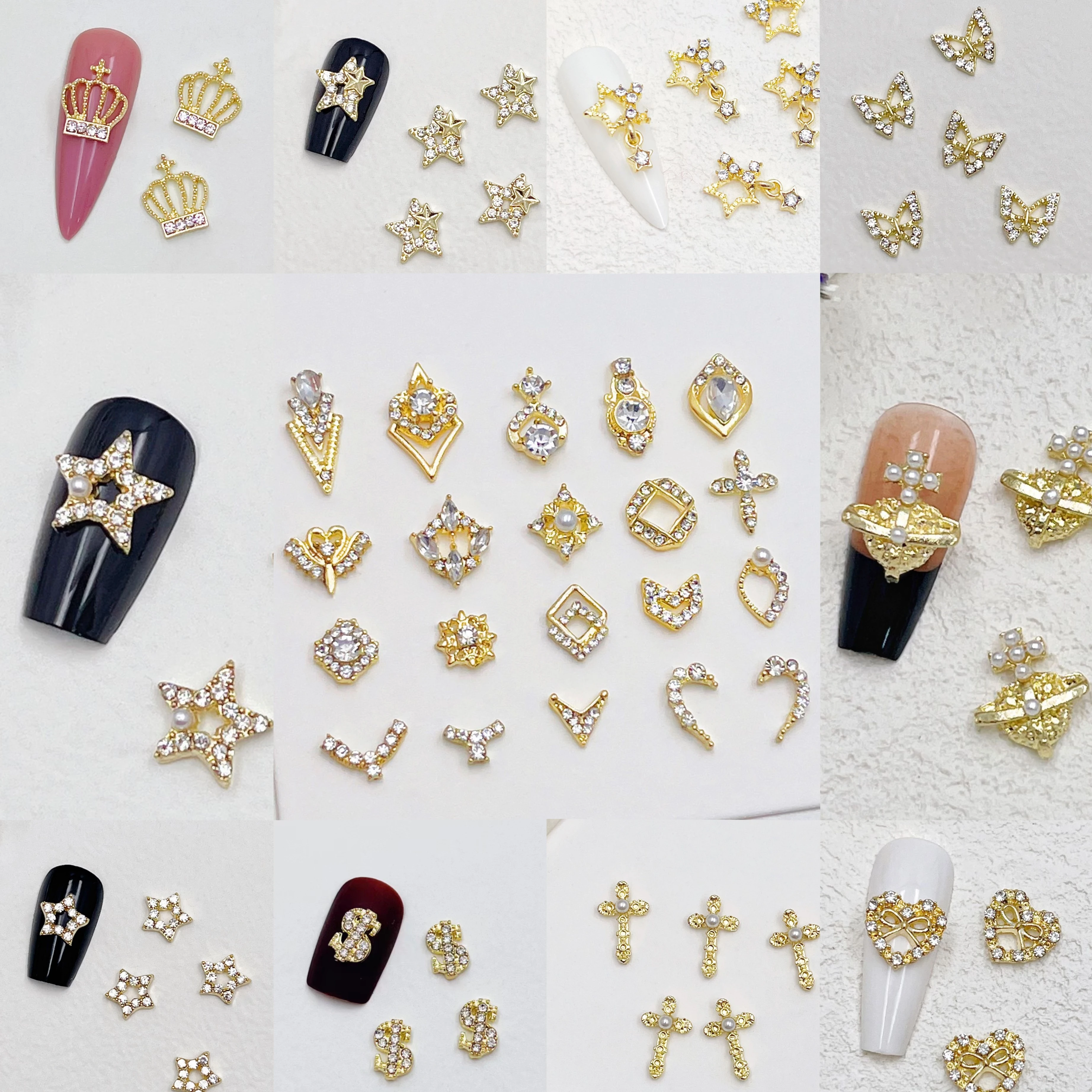 30pcs Mix Golden Silver Baroque Court Crown Butterfly Heart Star Cross Gems Planet Wreath Metal Nail Art Decoration Charms Gem