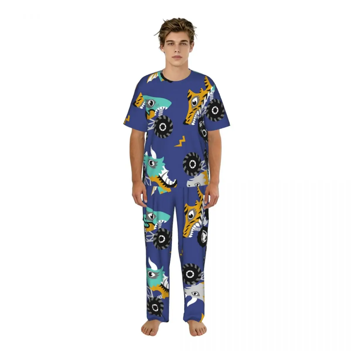 

Men's Casual Pajamas Sets Short Sleeve and Pants Sets Male Sleepwear Scary Animal Monster Trucks Home Clothes
