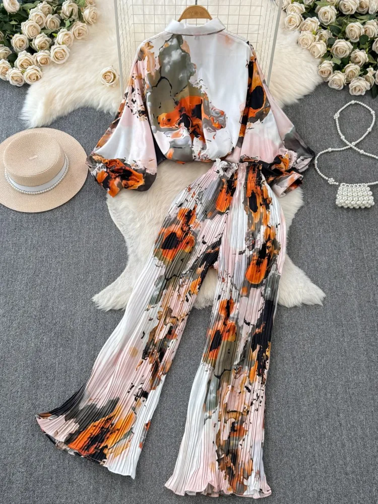 Women Vintage Casual Elegant 2 Pieces Set Lantern Sleeve Loose Print Shirt Tops + High Waist Wide Leg Pants Suit Female Clothes