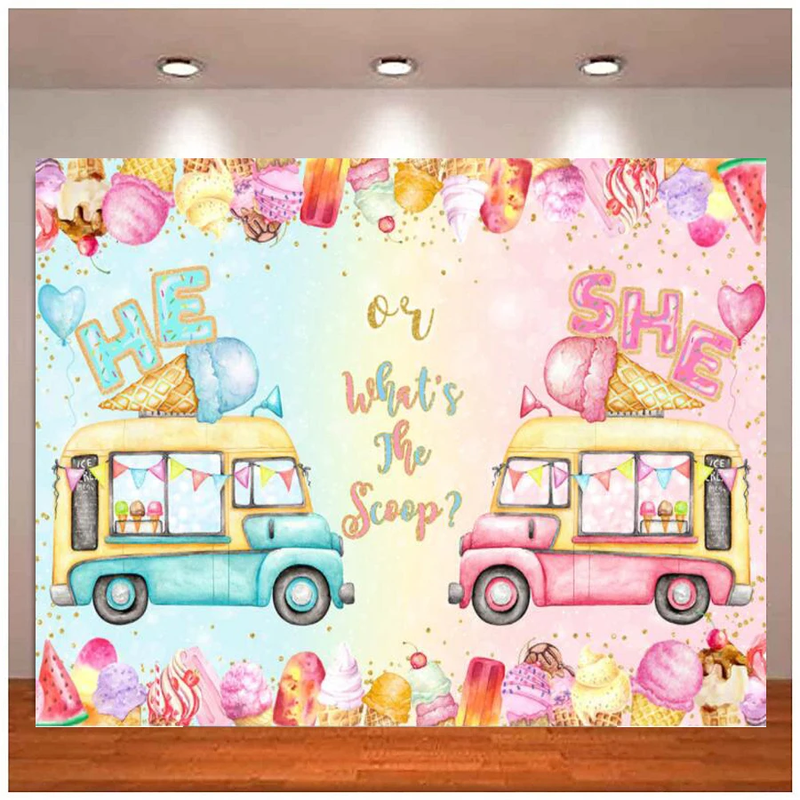 

Photography Backdrop Gender Reveal Sweet Candy Ice Cream Truck Baby Birthday Decor He Or She Newborn Shower Baptism Background