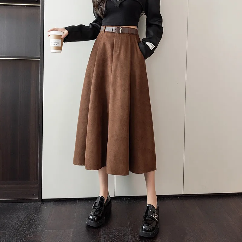 

2023 Korean Style Autumn Winter Loose A-Line Skirts Women High Waist Pleated Long Skirts With Belt Fashion Female Casual Skirt