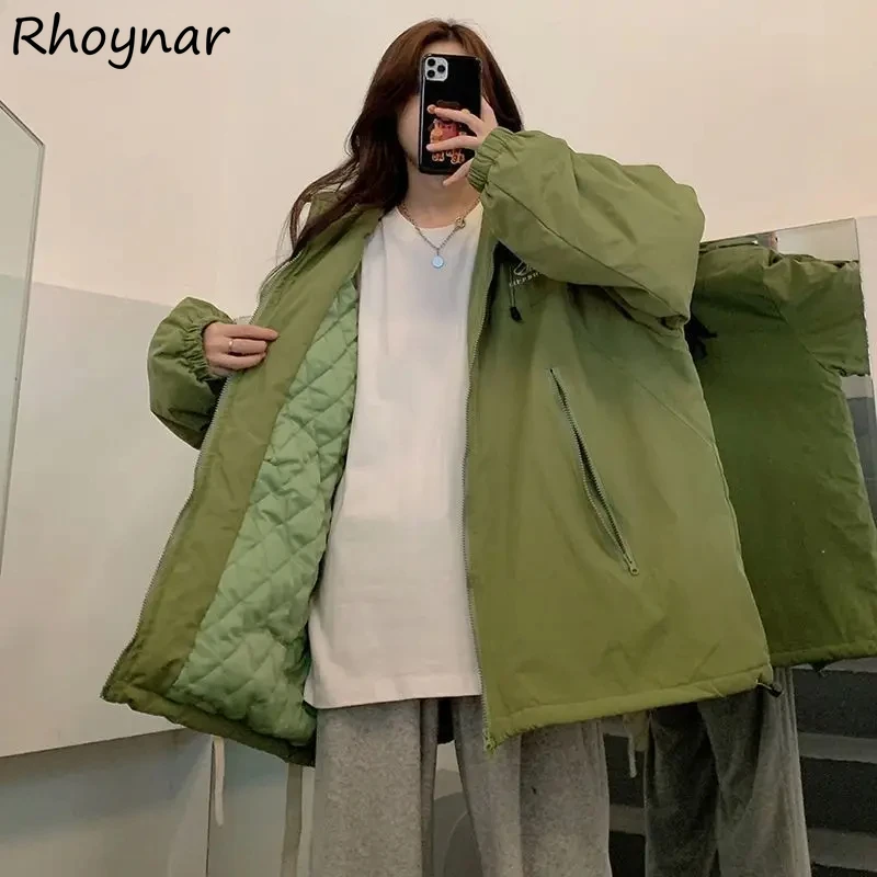 Hooded Parkas Women Plus Velvet Thicker Embroidery Waterproof Windbreak Long Sleeve Baggy Coats Winter Streetwear Zipper-up Ins