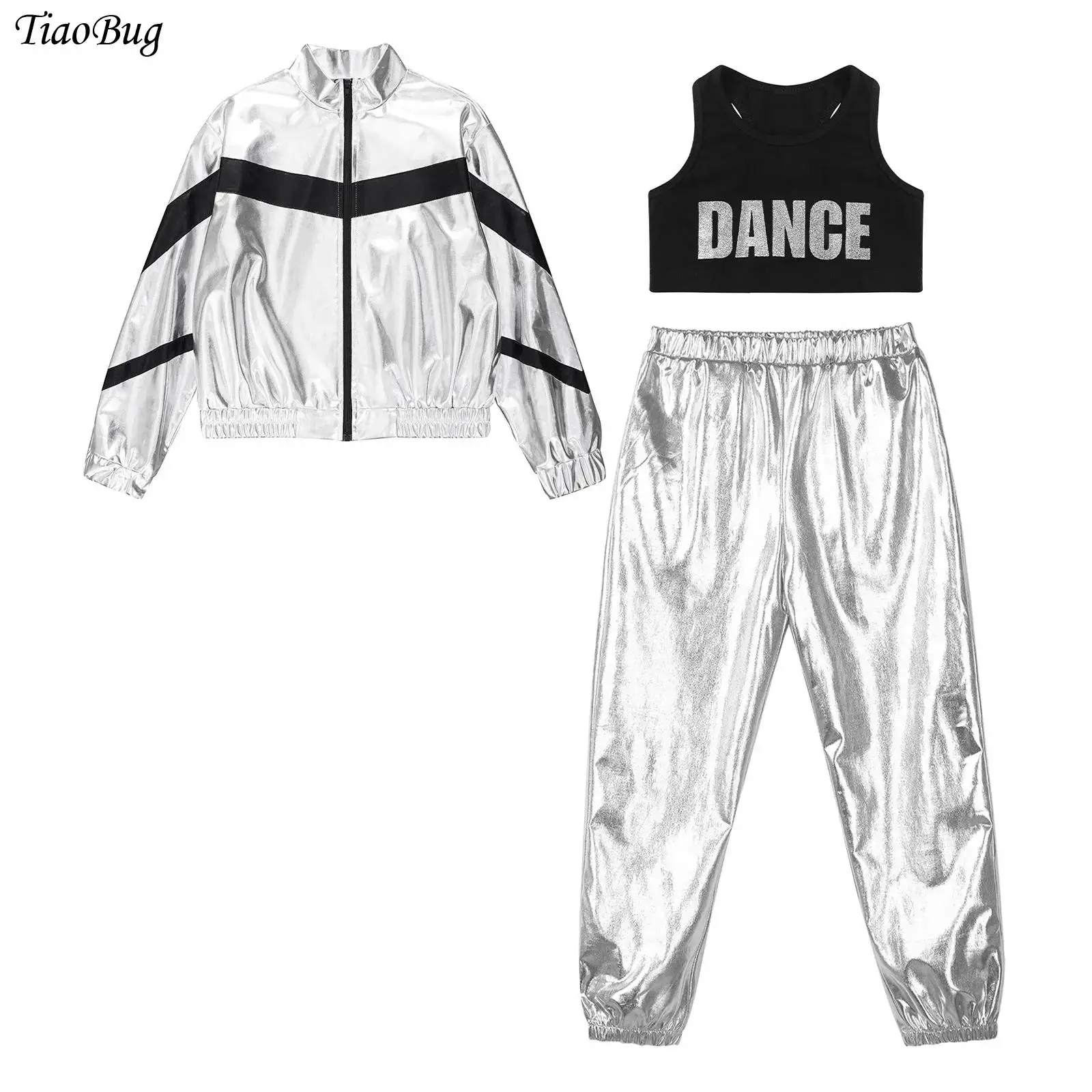 

Kids Girls Jazz Dance Outfit Streetwear Sleeveless Racer Back Tank Crop Top+Long Sleeve Contrast Color Jacket+Pants Set 3Pcs/Set