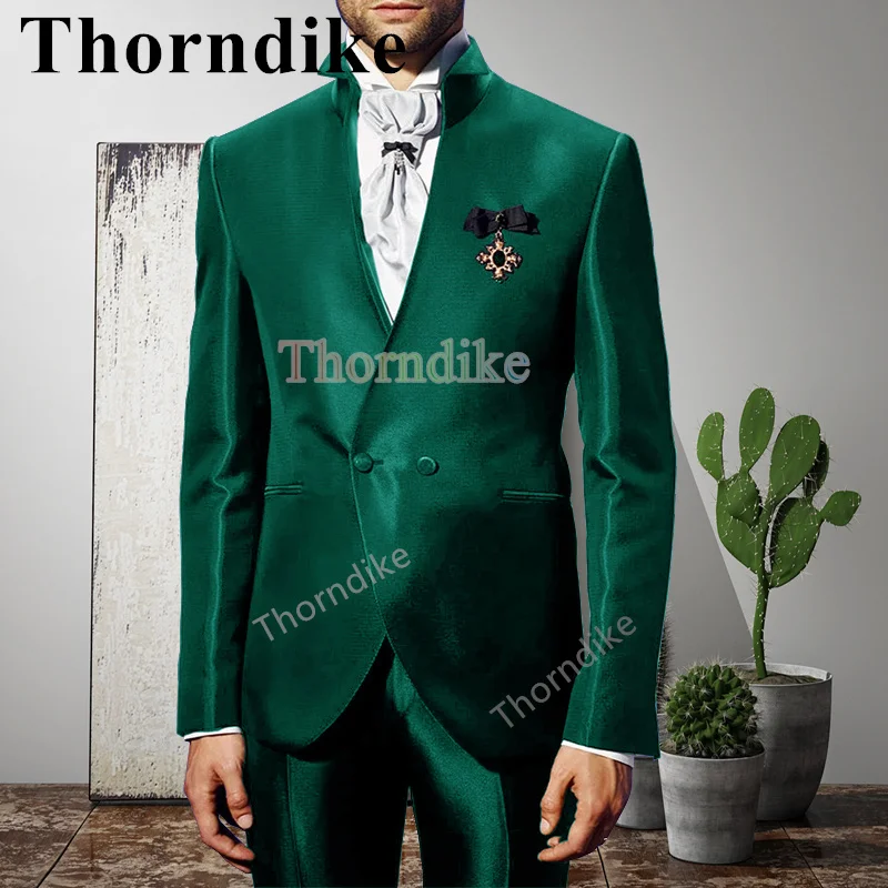 

Thorndike New Wedding Groom Green Suit Double Breasted Casual Tuxedo Fashion Shiny Fabric Suit 2 Piece Set