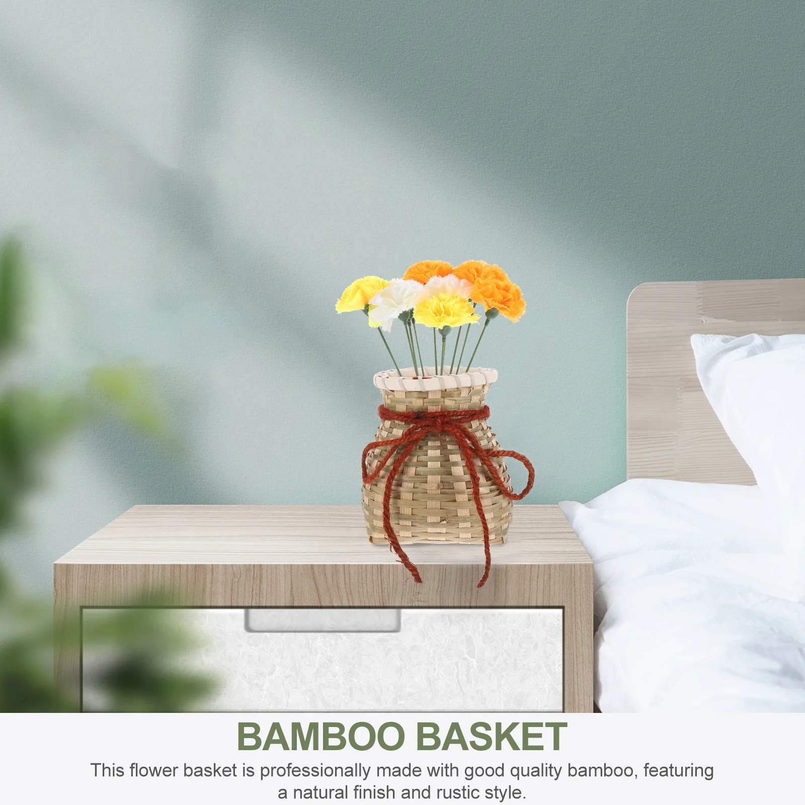 

1pc Bamboo Woven Storage Basket Decorative Plant Container For Outdoor Handmade Basket With Hemp Rope
