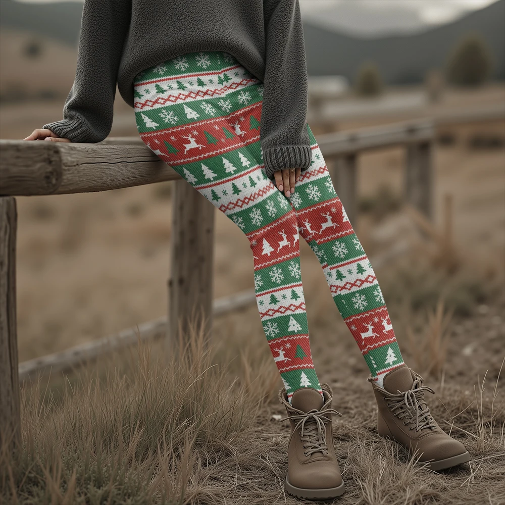 

Women Festive Christmas Printed Leggings with Snowflakes Christmas Trees Reindeer Bells Design for Holiday Parties Winter Wear