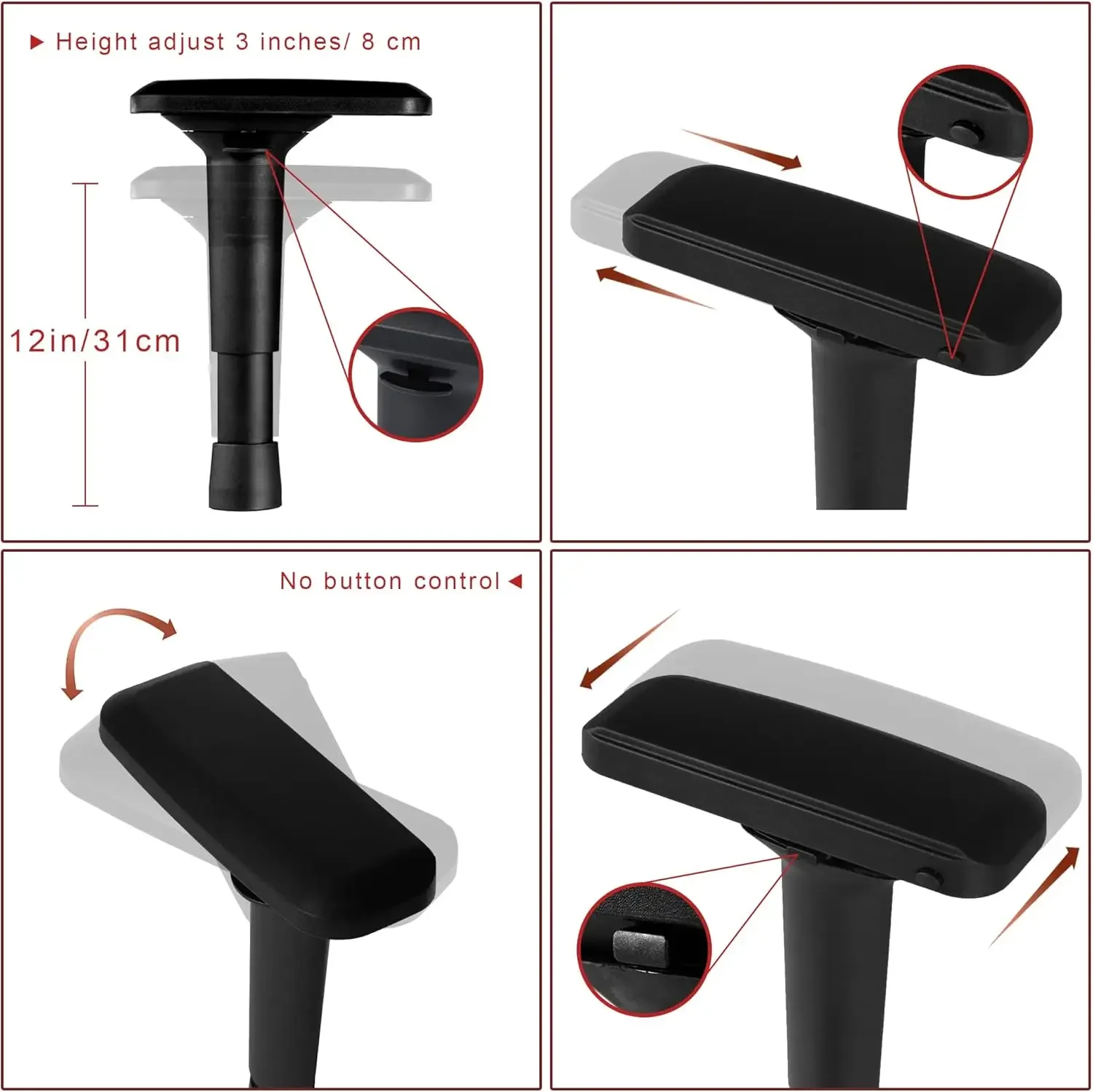 Height Adjustable Chair Arms Armrest Pair Replacement Parts Fits Most Office Gaming Boss Chairs,4D Black