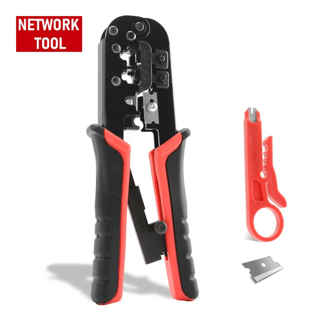Zaciskarka do kabli RJ11 RJ12 RJ45, narzędzie do zaciskania kabli Ethernet LAN, obcinak, ściągacz izolacji, szczypce, akcesoria, złącza 8P8C i osłonki.