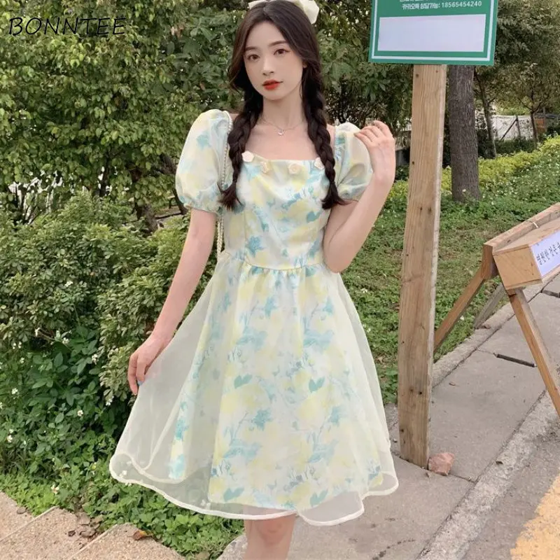 

Mini Printed Dresses Womem Graceful Girlish Summer Casual Empire Korean Style Age-reducing Fashion Streetwear Charming A-line