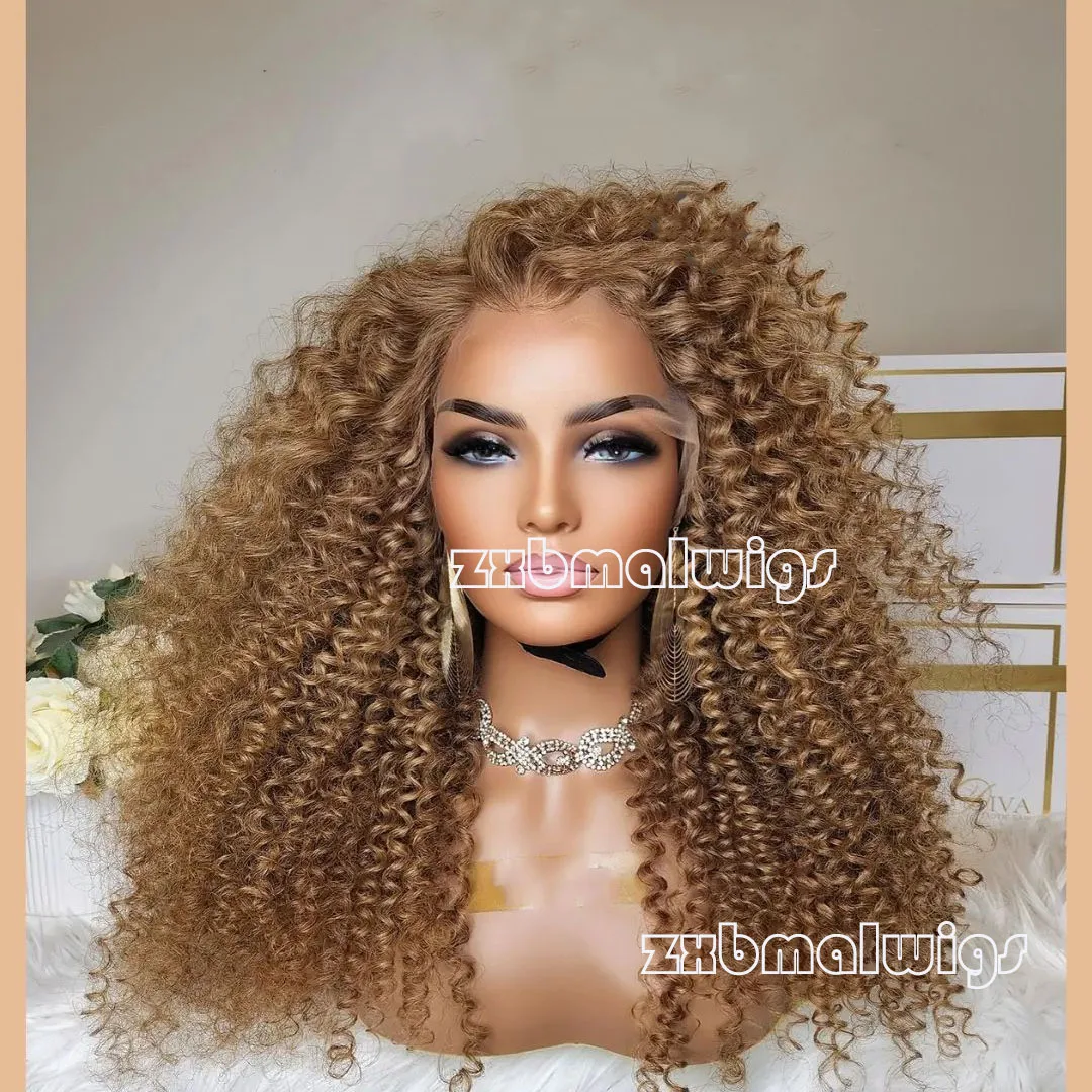 Soft Glueless Preplucked Kinky Curly 26 Inch Long Honey Blonde Lace Front Wig For African Women Babyhair Synthetic Fiber Daily