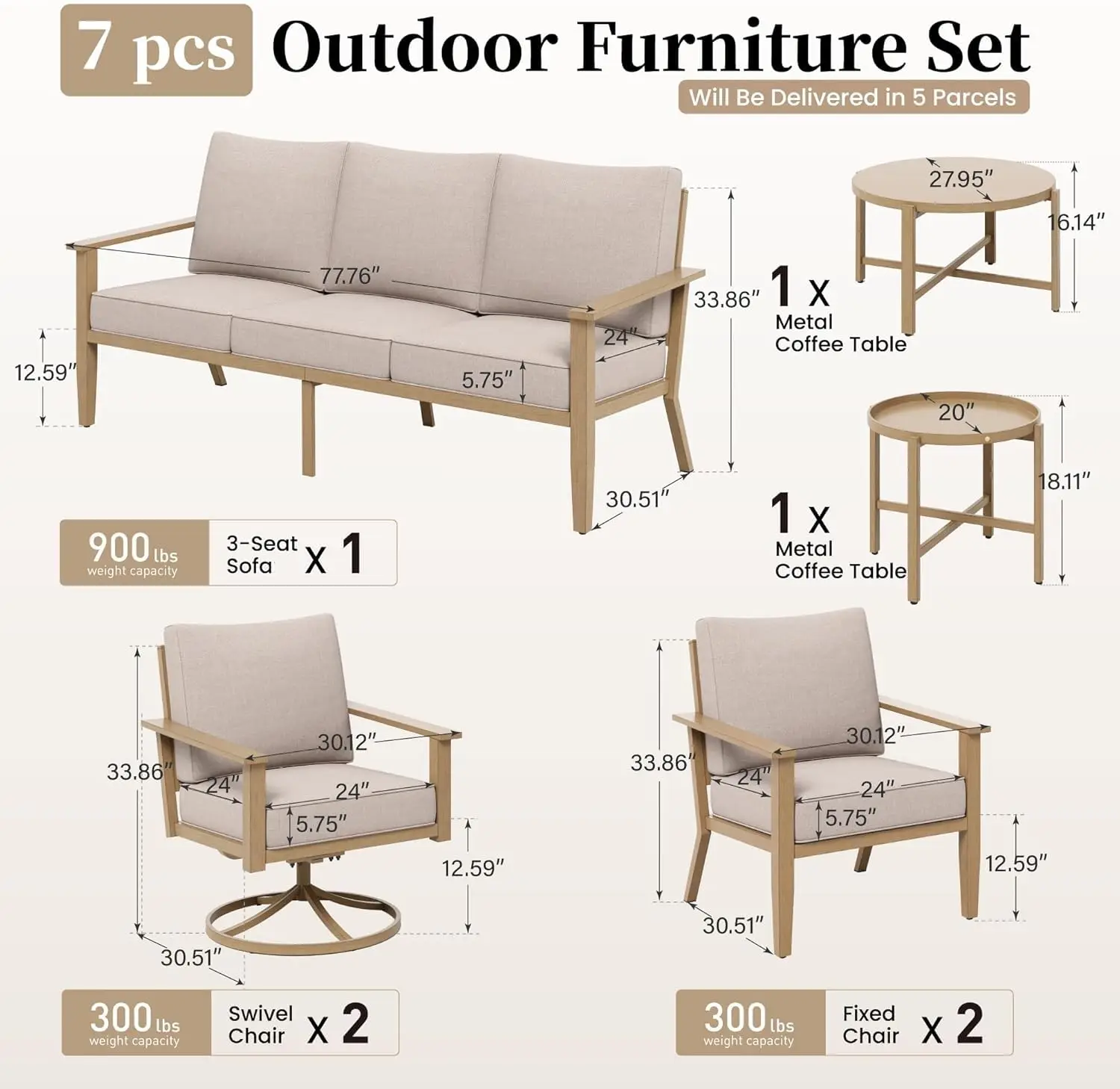 7-Piece Metal Outdoor Patio Furniture Set, Beige
