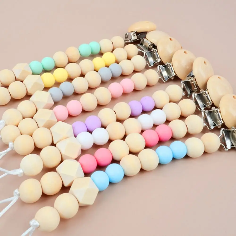 Dummy Clips Pacifier Holder Clips Wood Round Space Beads Baby Pacifier Chain Soother Holder Nipple Holder Clips