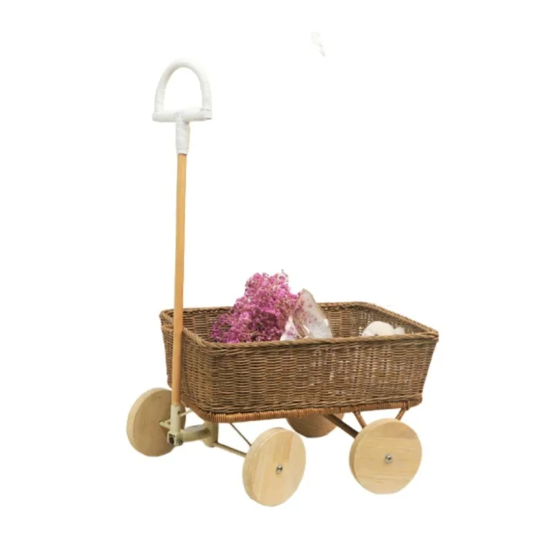 Children's rattan pull cart, storage basket