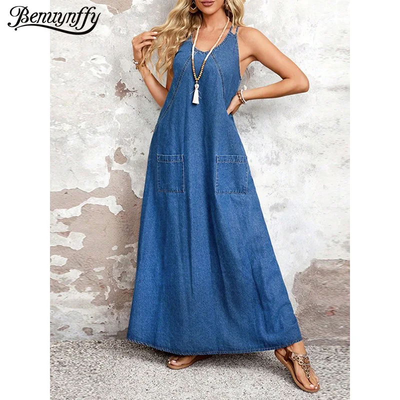 

Benuynffy V-Neck Sleeveless Washed Denim Long Dress Women Summer Streetwear Vintage Pockets Casual Loose Female A-Line Dresses