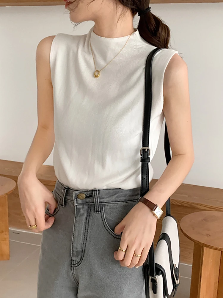 

Knitted Top Summer Half High Collar Tank top Women Camisole Blouse Sleeveless Slim Top Female Pullover Vest Casual Camis