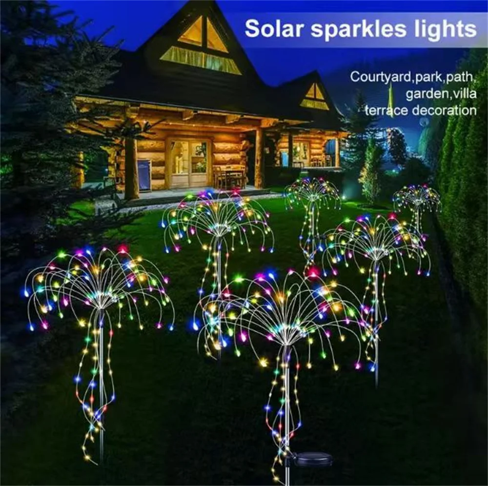 2pcs Solar LED Firework Firecracker Willow Copper Wire String Lights 120leds Outdoor Waterproof Stake Lights for Garden Yard