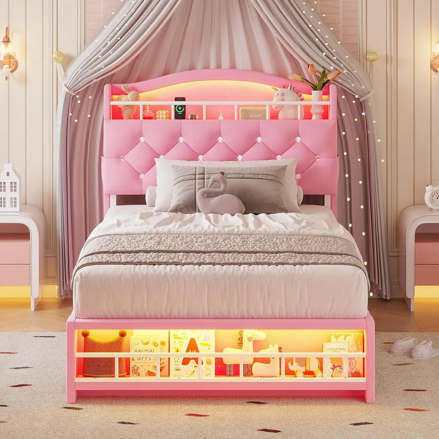 Twin Size Bed Frame with LED Lights, Princess Velvet Upholstered Platform Bed for Girls, Headboard with Charging Station