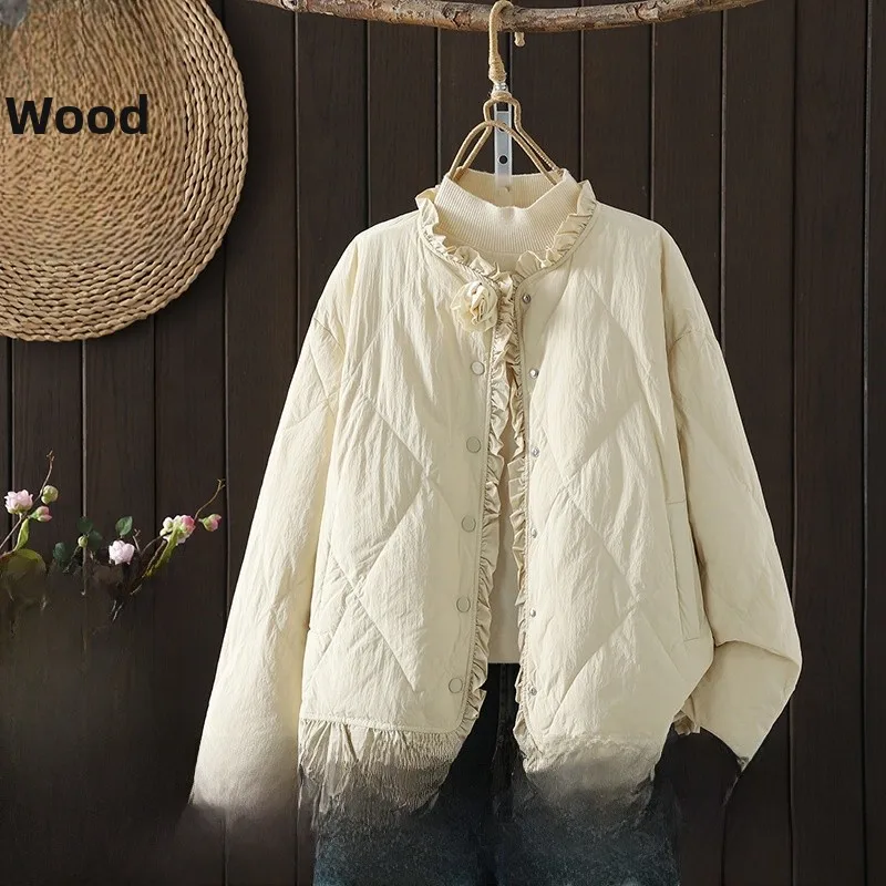 معطف شتوي نسائي خفيف الوزن من القطن من Jaet فضفاض مناسب عتيق مزين بالزهور ثلاثي الأبعاد بتصميم أذن خشبية #1