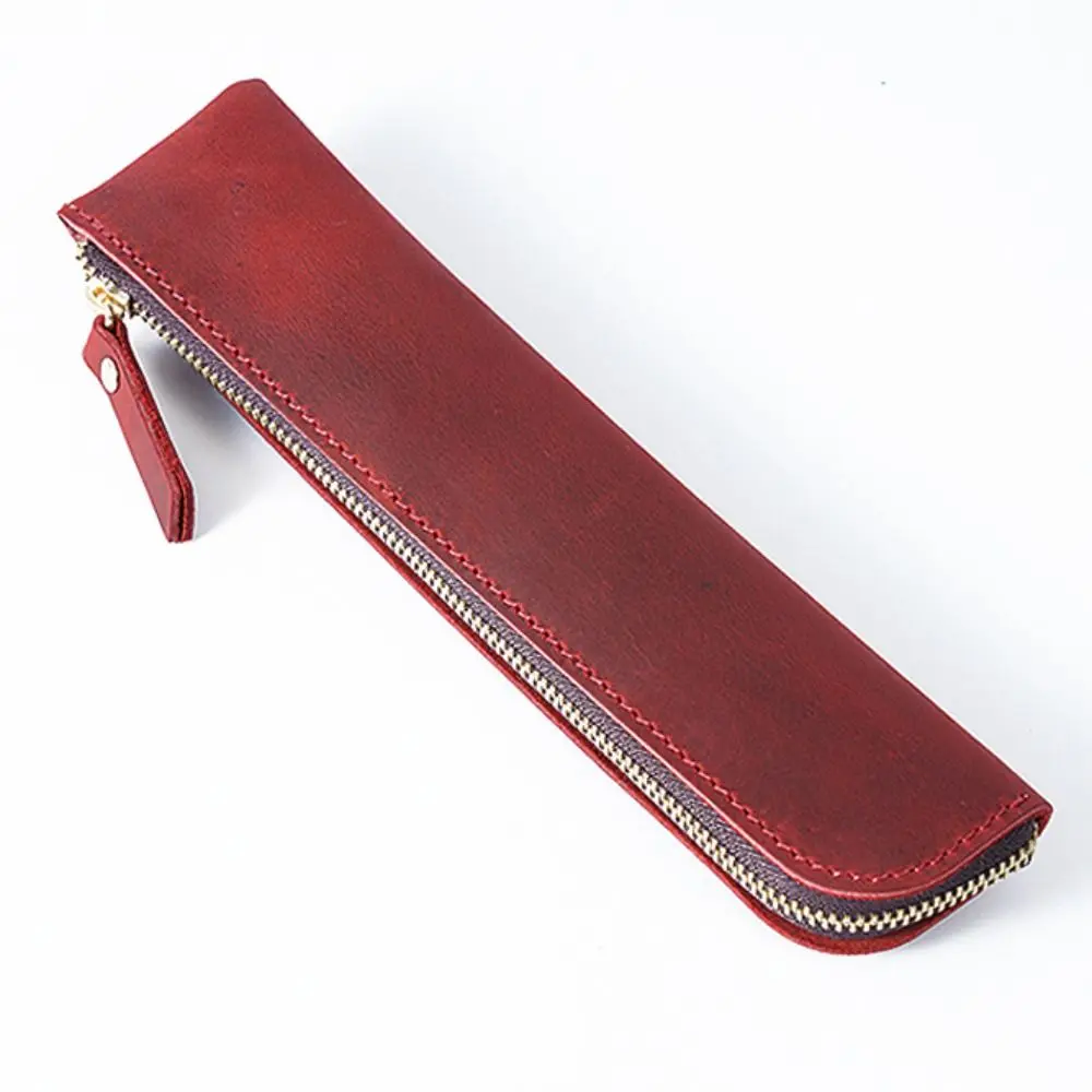 

Vintage Zipper Cowhide Pencil Case Pencil Holder Handmade Pen Sleeve Pouch High-end Leather Leather Pen Bag Office Supplies