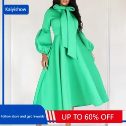 Women Maxi Dress Fall Winter A-Line Lantern Long Sleeves Bowtie Collar Midi Party Elegant Fashion New Female Solid Color Robes