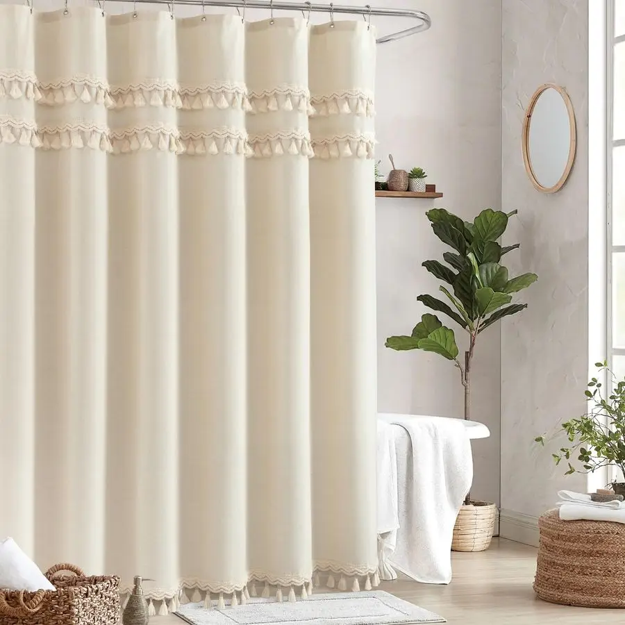 

Shower Curtain Boho Beige Shower Curtains for Bathroom 72 x 72 Inch Cloth Shower Curtain with Luxury Tassels Neutral Farmhouse B