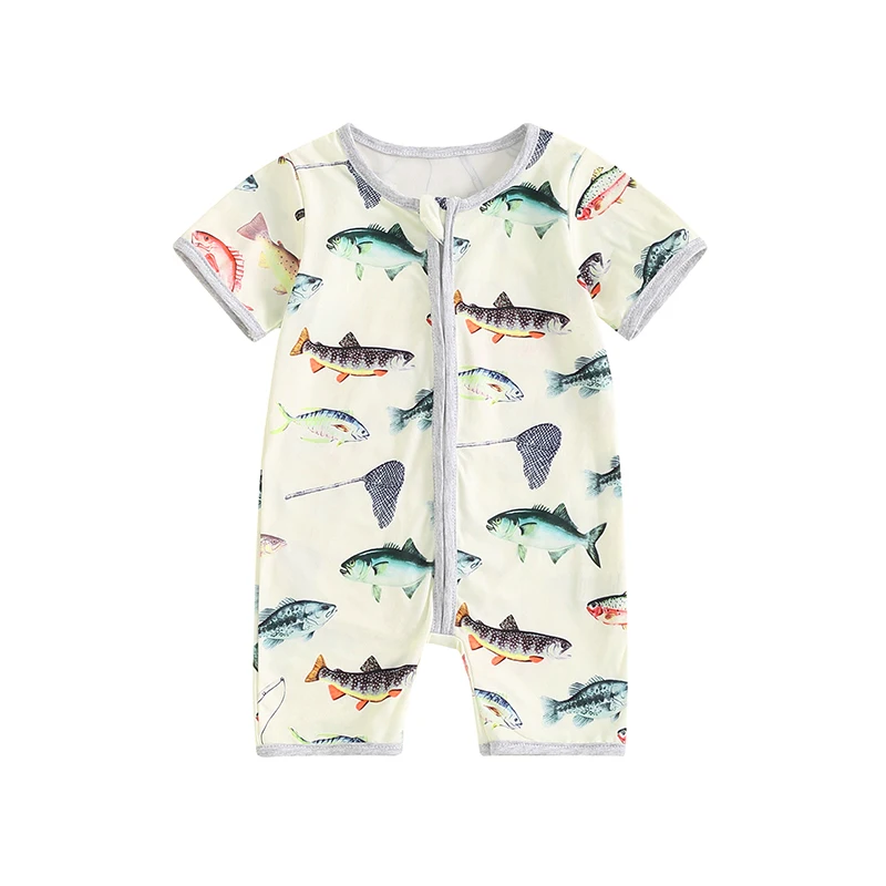 

Baby Boy Summer Romper Cartoon Fish Print Short Sleeves Round Neck Front Zipper Jumpsuit