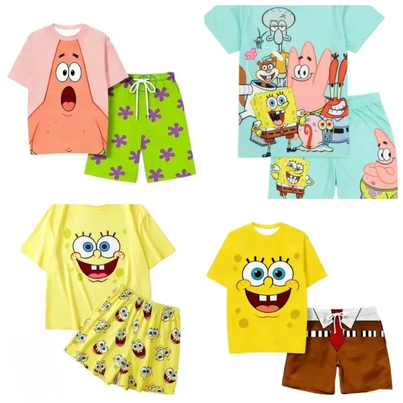 Who Knows! Classic Anime Summer SpongeBob SquarePants Adult and Children T-shirt Shorts Set Cute Casual Family Cartoon Y2K