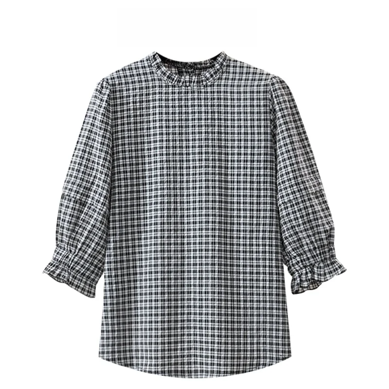 패셔너블한 면 린넨 여성 여름 상의 배를 가리는 나이 감소 효과 있는 오부 소매 라운드 넥 체크무늬 블라우스