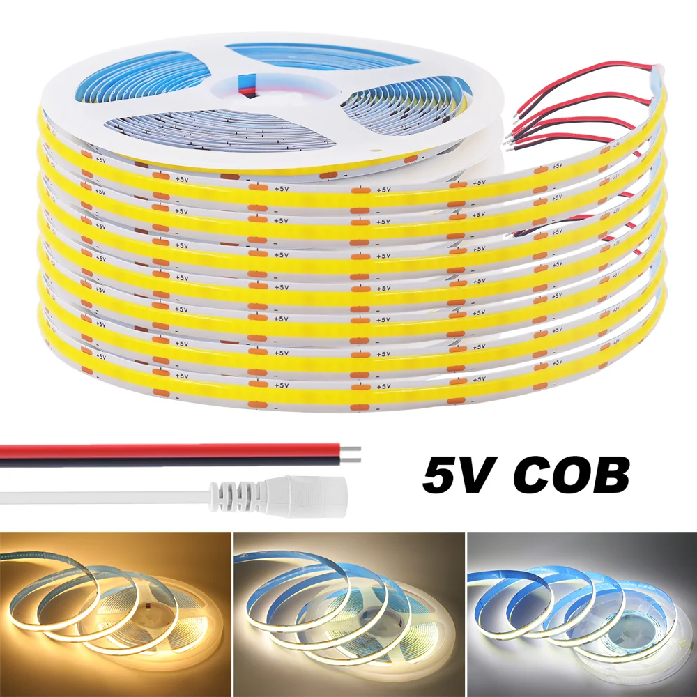 5V COB Led Strip Light 2Pin Wire/DC Female/USB Powered Flexible Ribbon  320LEDs/m 8mm Width FOB LED Tape TV Backlights Lamp